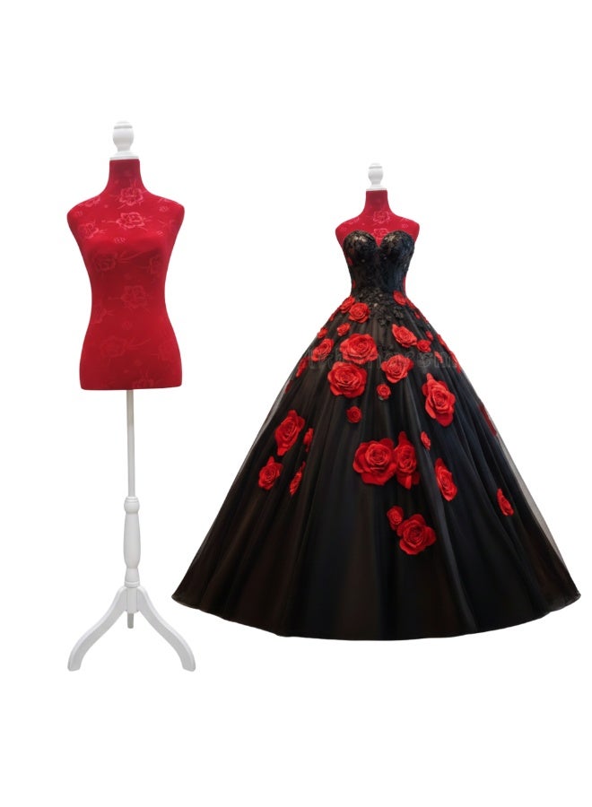 أورتوك عارضة ملابس نسائية قابلة للتعديل – جذع من المخمل الأحمر المزخرف مع حامل ثلاثي أبيض، ارتفاع قابل للتعديل 178 سم، للخيّاطة وتصميم الملابس وعرض المجوهرات - Image 3